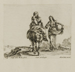 Zwei junge Frauen, von denen eine mit Kind auf einem Esel reitet