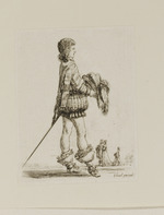 Junger Herr im Profil nach rechts mit Federhut in der Hand