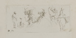 Zwei Profilköpfe in der Mitte, Figurenstudien links davon, rechts Frau zu Pferde und weitere Pferdestudie