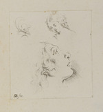 Frauenprofil nach rechts mit geöffnetem Mund, Büste eines Kindes und Kopf eines Soldaten