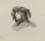 Kopf eines jungen Mannes mit Federhut im Profil nach links