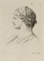 Frauenkopf mit hochgesteckten, geflochtenen Haaren im Profil nach links