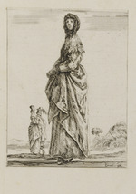 Nach links gewandte Dame mit Kopftuch, im Hintergrund spazierendes Paar