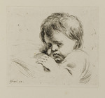 Büste eines Kindes, das Kopf und linke Hand auf ein Kissen gelegt hat