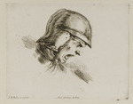 Kopf eines schreienden Soldaten mit Helm im Profil nach rechts