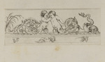 Fries mit zwei nackten Kindern und Delfin, darunter skizzierter Kopf und Masken