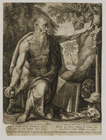Der Hl. Hieronymus vor einem Kruzifix, einen Stein in der rechten Hand haltend