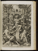 Bacchus auf einem Fass sitzend, flankiert von Musica und Amor