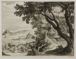 Flusslandschaft mit zwei Reisenden unter Bäumen im Vordergrund