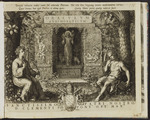 Monument mit Serientitel und Christus als gutem Hirten, flankiert von zwei allegorischen Figuren