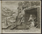 Der Hl. Liphardus in seiner Hütte, vor ihm eine Schlange, deren Kopf abgetrennt auf einem Stab steckt