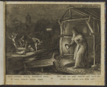 Der Hl. Elphegus tritt nachts aus einer Kapelle, während links ein Mönch von teuflischen Gestalten geschlagen wird