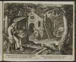 Der Hl. Robertus lesend unter einem Baum, im Hintergrund reparieren zwei Männer eine Kirche