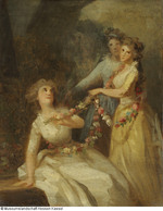 Drei junge Mädchen mit Rosengirlanden, Skizze