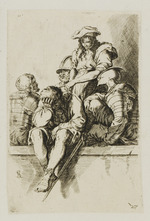 Vier Soldaten und stehender junger Mann