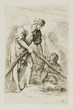 Mann mit Fischernetz, dahinter zwei weitere Figuren