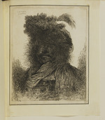 Kopf eines Mannes mit Schnurrbart, Federhut und Schal