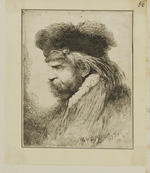 Kopf eines Mannes mit Schnurrbart und Pelzkappe im Profil nach links