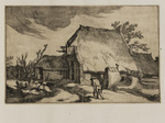 Bauernhäuser mit einem zwei Eimer tragenden Mann im Vordergrund