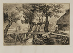 Landschaft mit Brücke über einen Bach und spinnender Frau rechts im Vordergrund