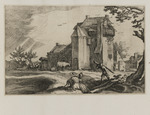 Haus mit Taubenschlag und drei Figuren im Vordergrund