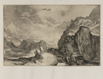 Berglandschaft mit Bach und zwei Menschen im Vordergrund