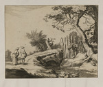 Landschaft mit Brücke über einen Bach und zwei Figuren im Vordergrund