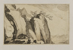 Berglandschaft mit Wasserfall und sitzender Figur im Vordergrund