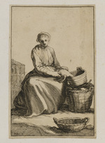 Sitzende junge Bäuerin mit Körben und Geflügel