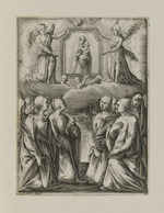 Anbetung eines Gemäldes, das Maria mit Kind zeigt, durch weibliche Heilige