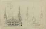 Aachen, Rathaus, Entwurf für den Neubau der Türme, Ansicht der Nordfassade und Schnitt