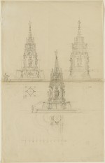 Bremen, Domplatz, Entwurfsskizzen für einen Brunnen, Grundriß, Schnitt und perspektivische Ansicht