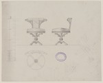 Entwurf für einen Stuhl mit runder Sitzfläche, Vorder- und Seitenansicht, Konstruktionszeichnung
