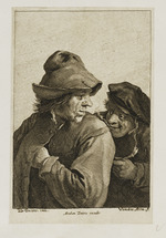 Mann, die linke Hand unter den Mantel gesteckt, neben ihm ein Pfeife rauchender Mann