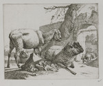 Stehendes und zwei liegende Schafe in der Nähe eines römischen Tores