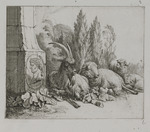 Liegende Ziege und drei liegende Schafe neben einem Obelisk mit der Büste eines römischen Herrschers