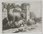 Schaf mit trinkendem Lamm vor einem römischen Bogen