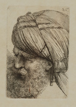 Kopf eines alten Mannes mit Turban, nach links unten blickend