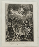 Die Katholische Liga opfert den höllischen Geistern ein Kind während Heinrich IV. auf Wolken in einem Triumphwagen erscheint