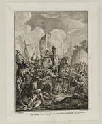 Heinrich IV. nach der Schlacht von Ivry; zu seiner Linken knien flehende Männer, zu seiner Rechten bietet er einem Soldaten Einhalt, der gerade jemanden töten wollte