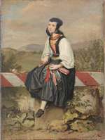 Hessisches Mädchen auf einem Grenzpfahl sitzend, Studie