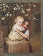 Kind und Mädchen unter einem blühenden Apfelbaum, Studie