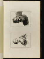 Oben: Kopf eines alten bärtigen Mannes; unten: Büste einer jungen Frau mit Perlenkette