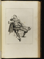 Auf einem Stuhl sitzender Mann, die rechte Hand am Griff seines Schwertes