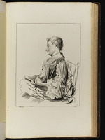 Halbfigur einer sitzenden jungen Frau im Profil nach links