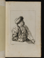 Halbfigur eines sitzenden Mannes mit Pelzmütze im Profil nach rechts