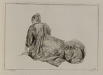 Auf dem Boden sitzende Frau mit gestreiftem Kleid in Rückansicht