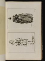 Oben: Frau in Rückansicht, die rechte Hand hinter den Rücken gelegt; unten: Schuhputzer in Rückansicht, einen Schemel über der Schulter tragend