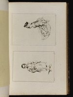 Oben: Auf dem Boden sitzendes Mädchen im Profil nach links, den Kopf abgewandt; unten: Kleiner Junge, die Hände unter die Schürze gesteckt