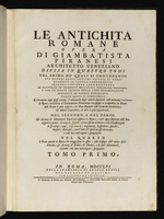 Titelseite: Die Römischen Altertümer, Werk des Giambattista Piranesi, venezianischer Architekt, aufgeteilt in vier Bände. [...] Erster Band
